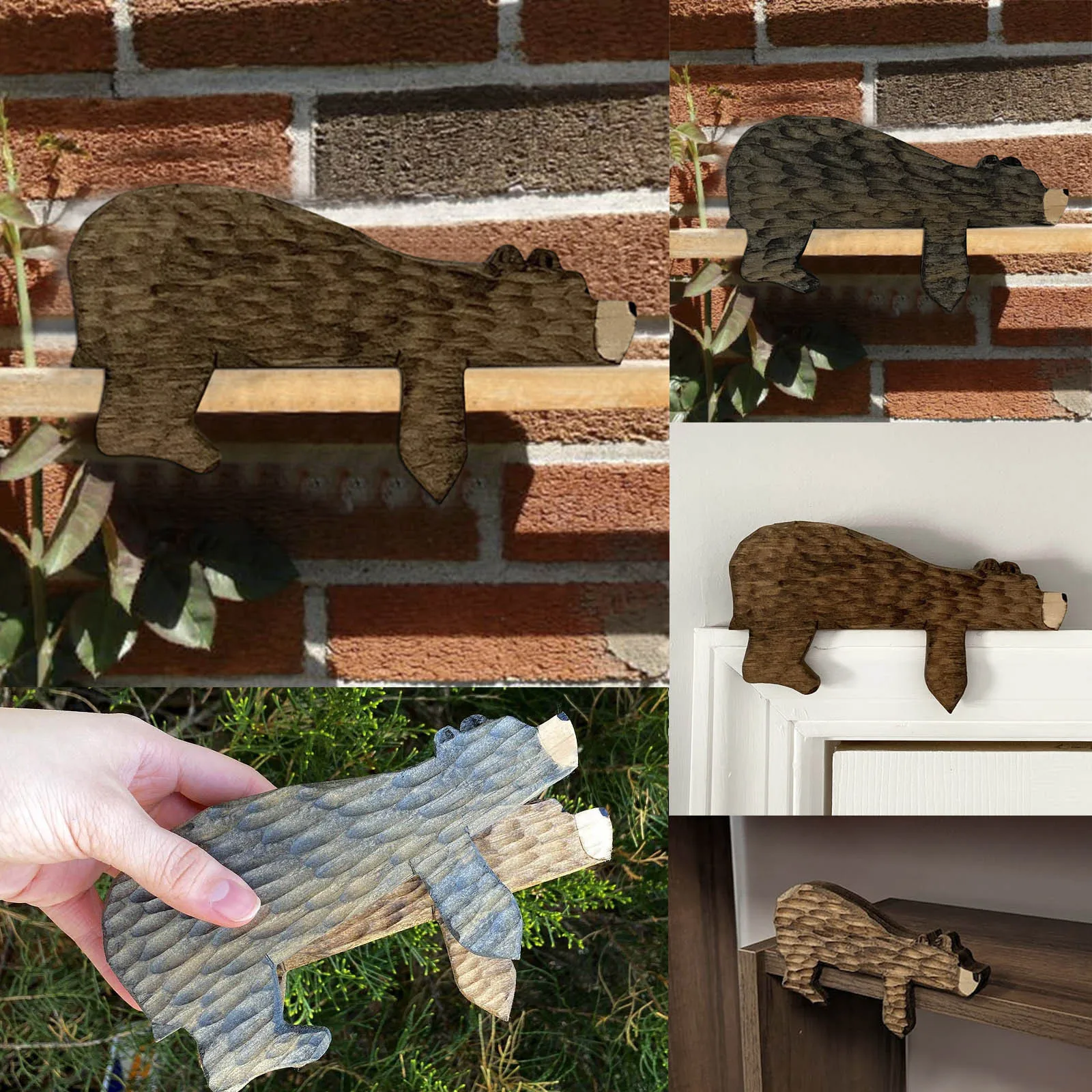 Detalle del oso en madera con acabado marrón y negro
