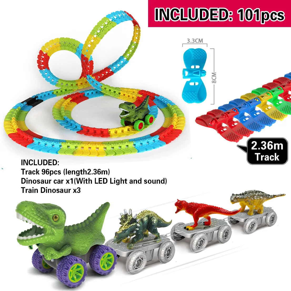 Pista de carreras de dinosaurio con rieles flexibles y coches