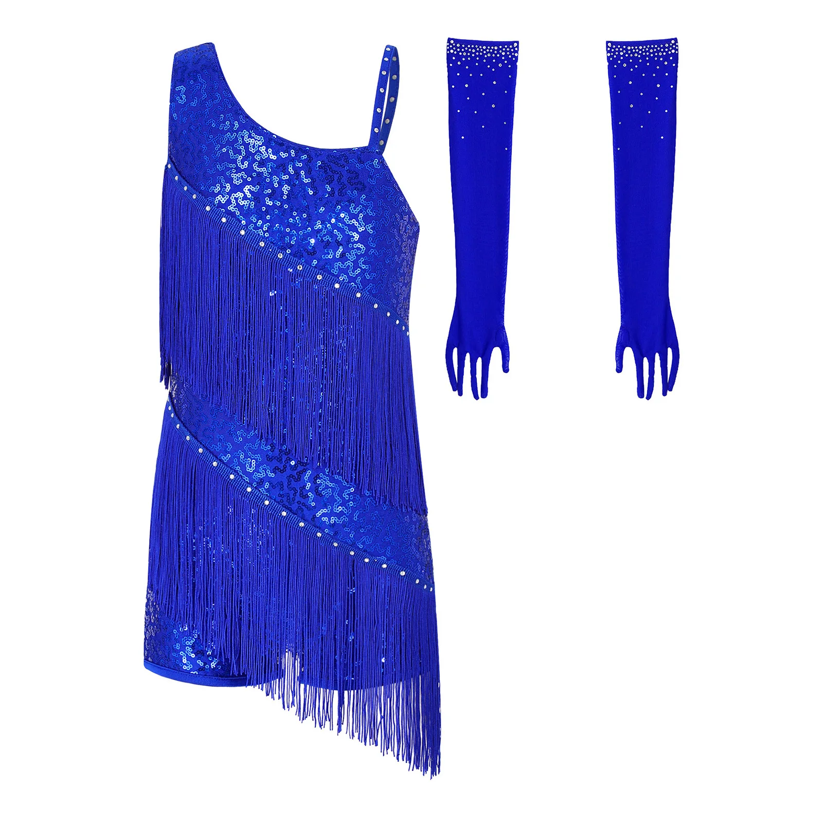 Traje de baile latino para niñas con lentejuelas y borlas - imagen 3