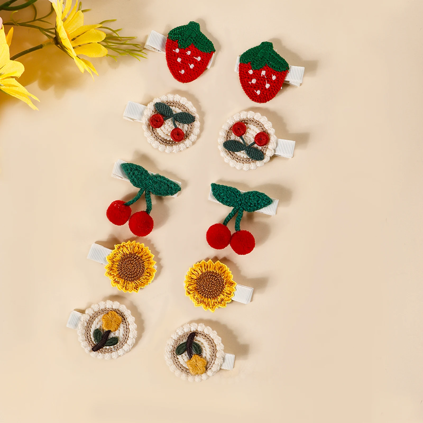 Pinza para el pelo de bebé de tela tejida con flores y frutas - imagen 5