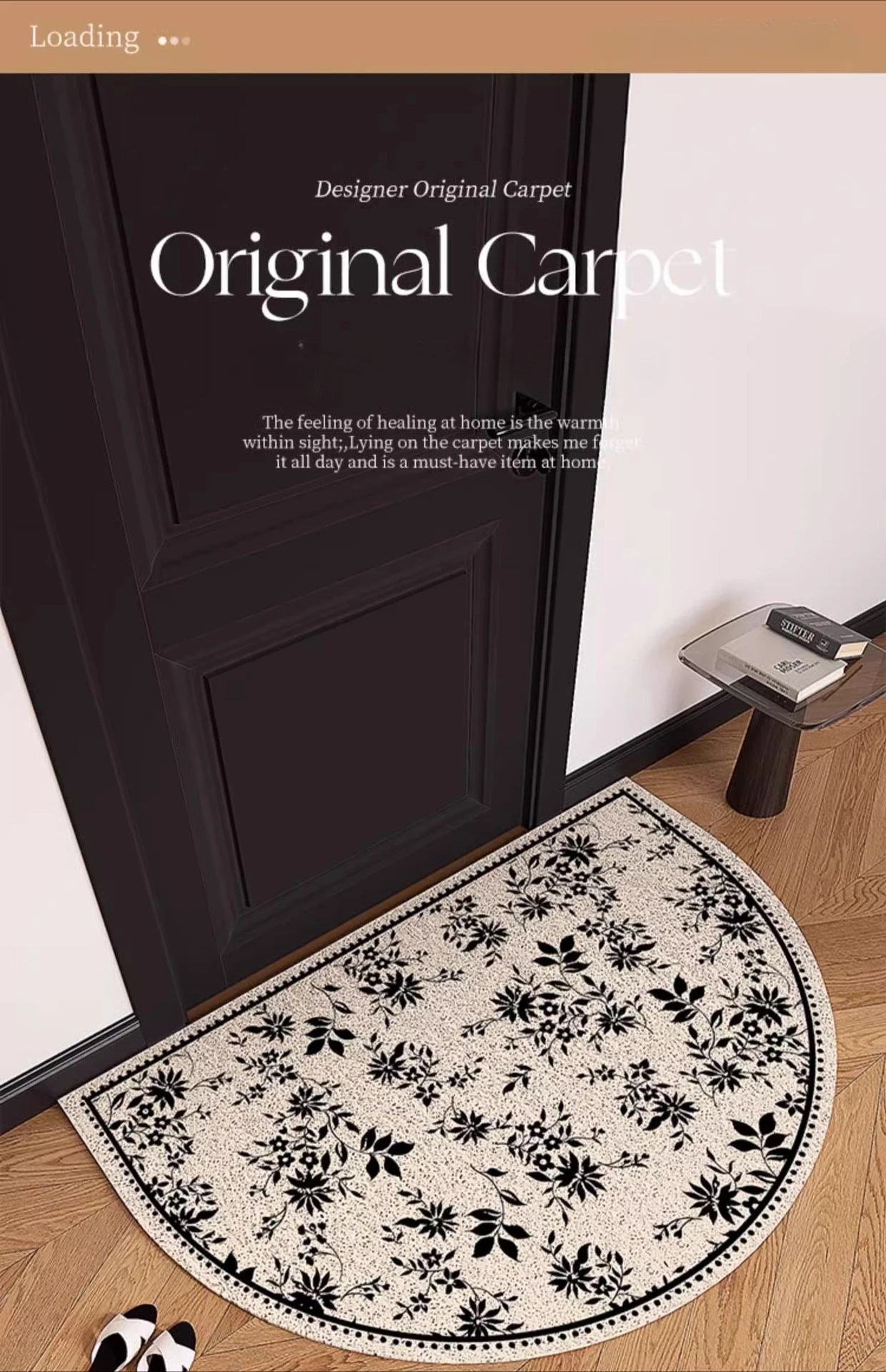 Detalle del estampado floral vintage de la alfombra negra premium