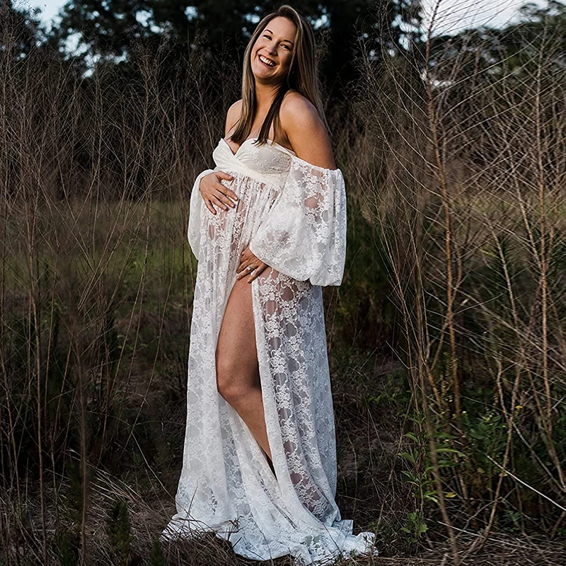 Vestido de maternidad encaje elástico con hombros descubiertos