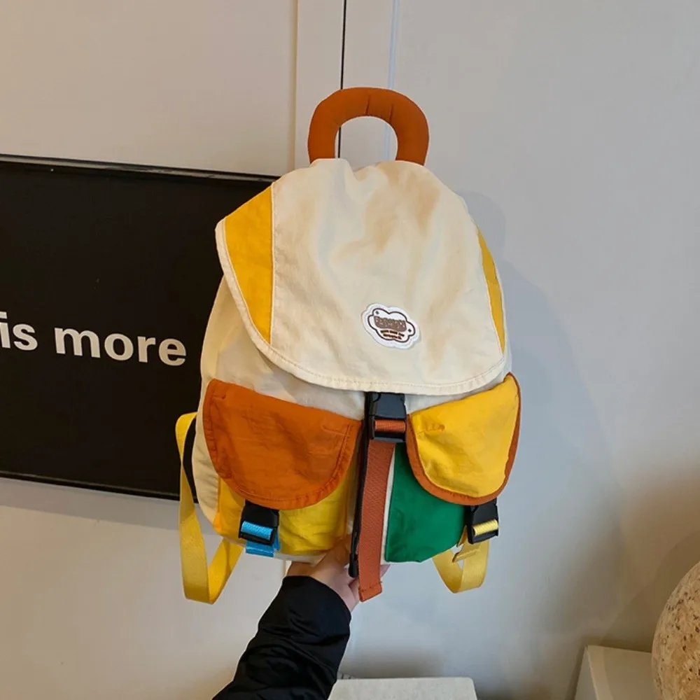 Mochila escolar de nailon con cordón y bolsillos estilo coreano