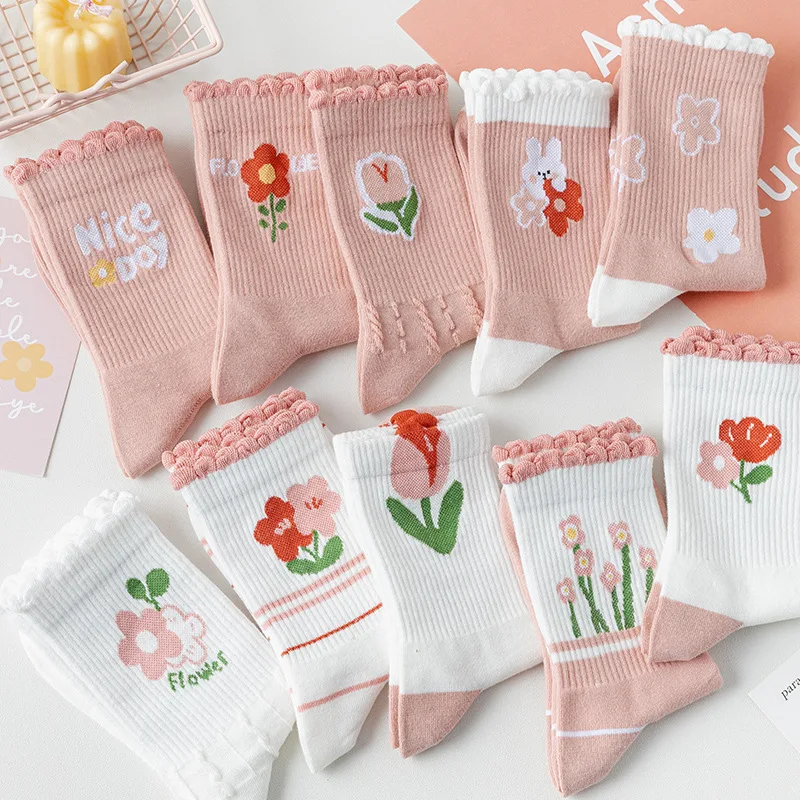 Calcetines de algodón suave para niñas con flores rosadas - imagen 3