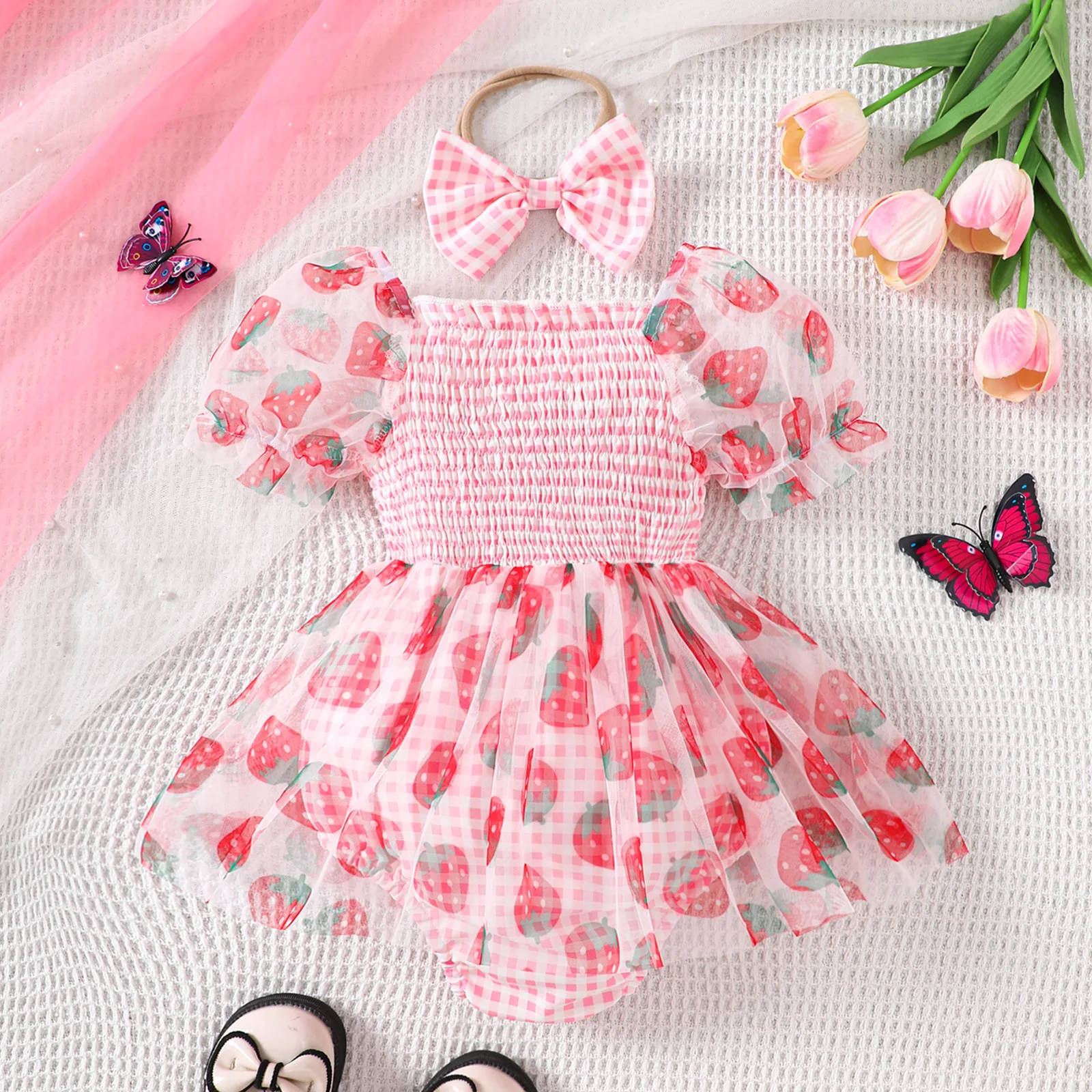 Mono de verano con bordado de tulipán para niña - Malla de encaje - imagen 3