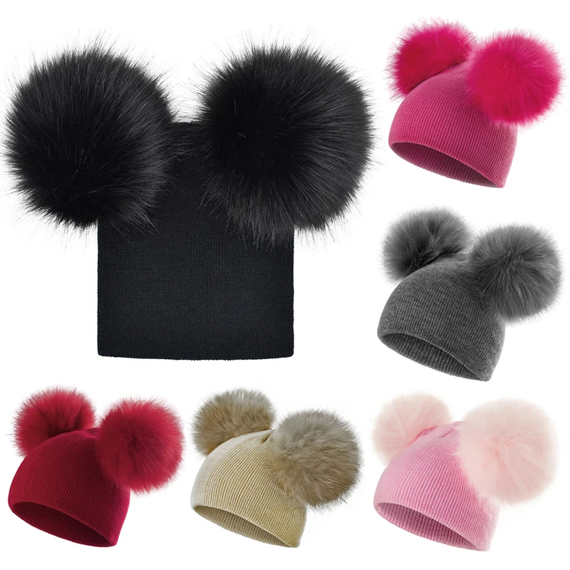 Gorro de invierno tejido con bola de piel para bebé niño y niña - imagen 5