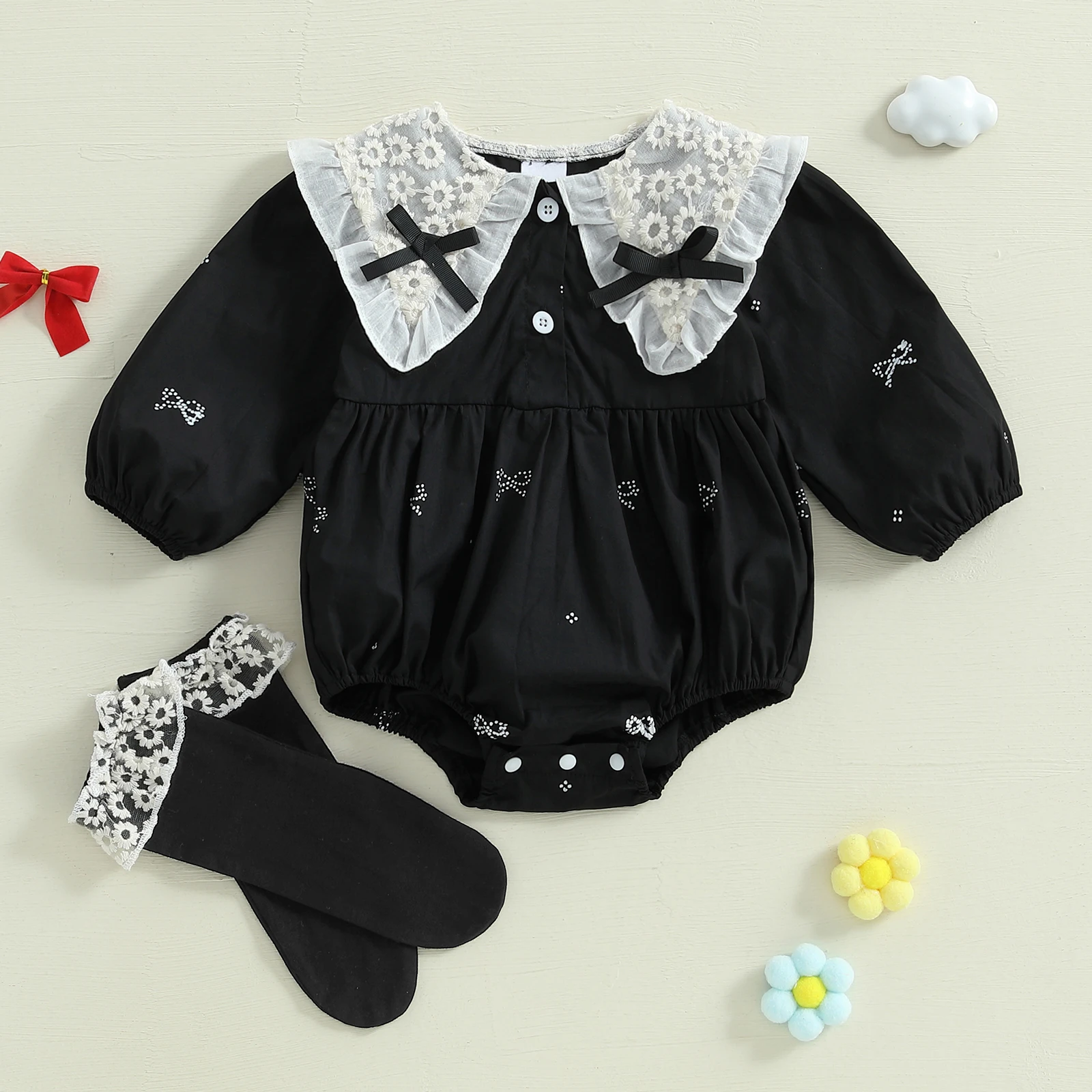 Tregren mono bebé de primavera verano con lazo y conjunto calcetines - imagen 2