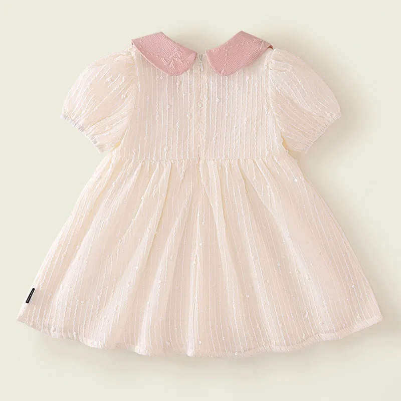Vestido de niña de algodón con lazo en cuello y manga abombada - imagen 3