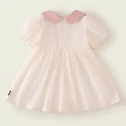 Vestido de niña de algodón con lazo en cuello y manga abombada