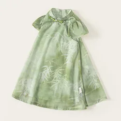 Vestido de verano para niña estilo cheongsam verde sin mangas