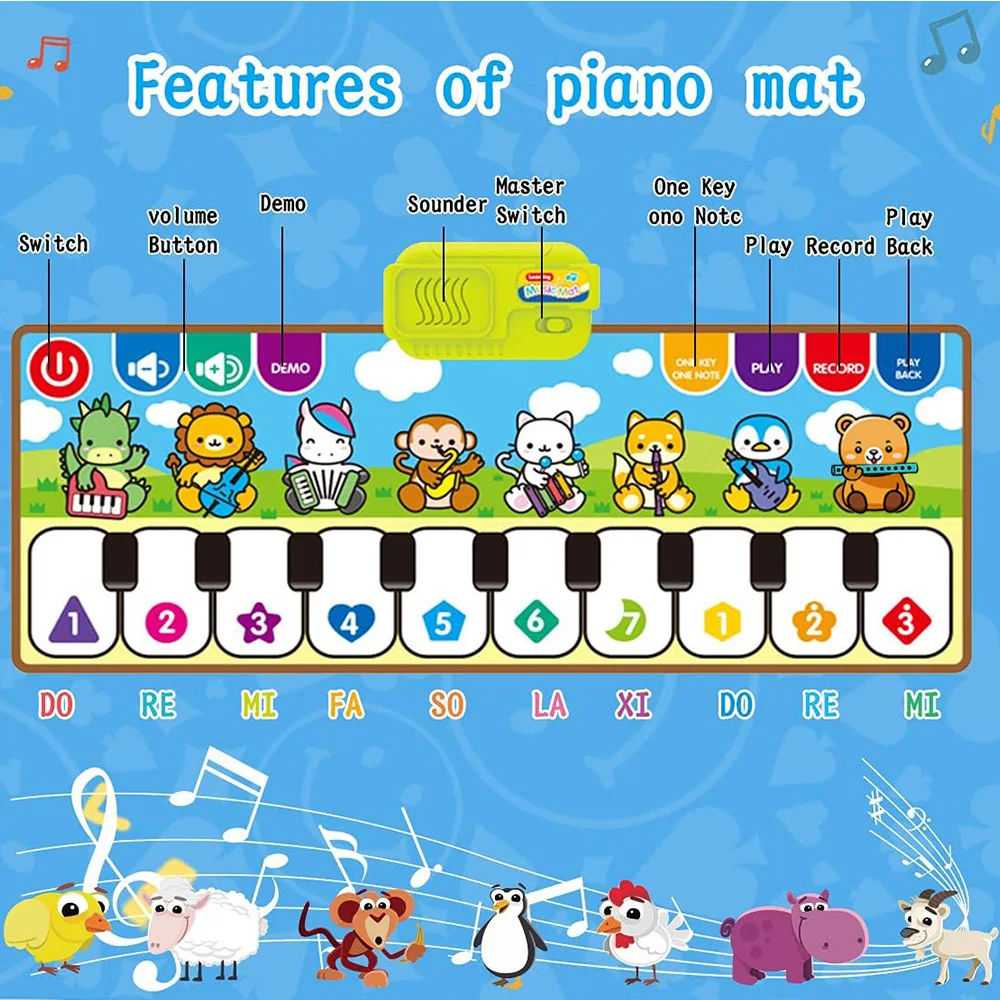Detalle del teclado de animales y notas musicales