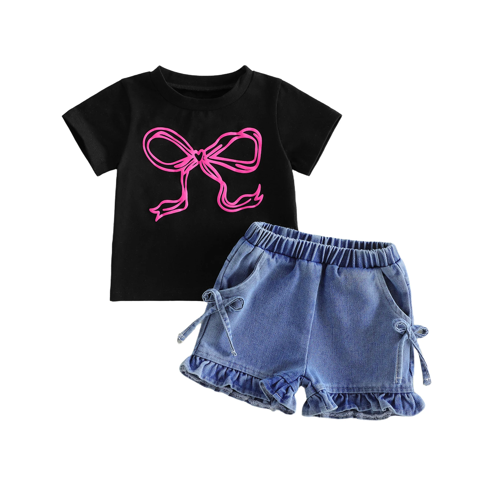 Conjunto bebé niña camisetas manga corta lazo y pantalón corto vaquero