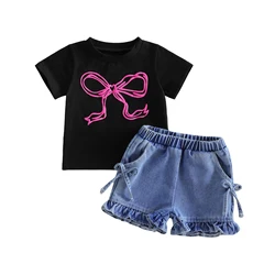 Conjunto bebé niña camisetas manga corta lazo y pantalón corto vaquero