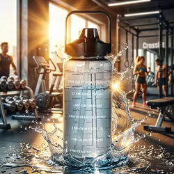 Botella de agua con pajita y marcador de tiempo para deporte