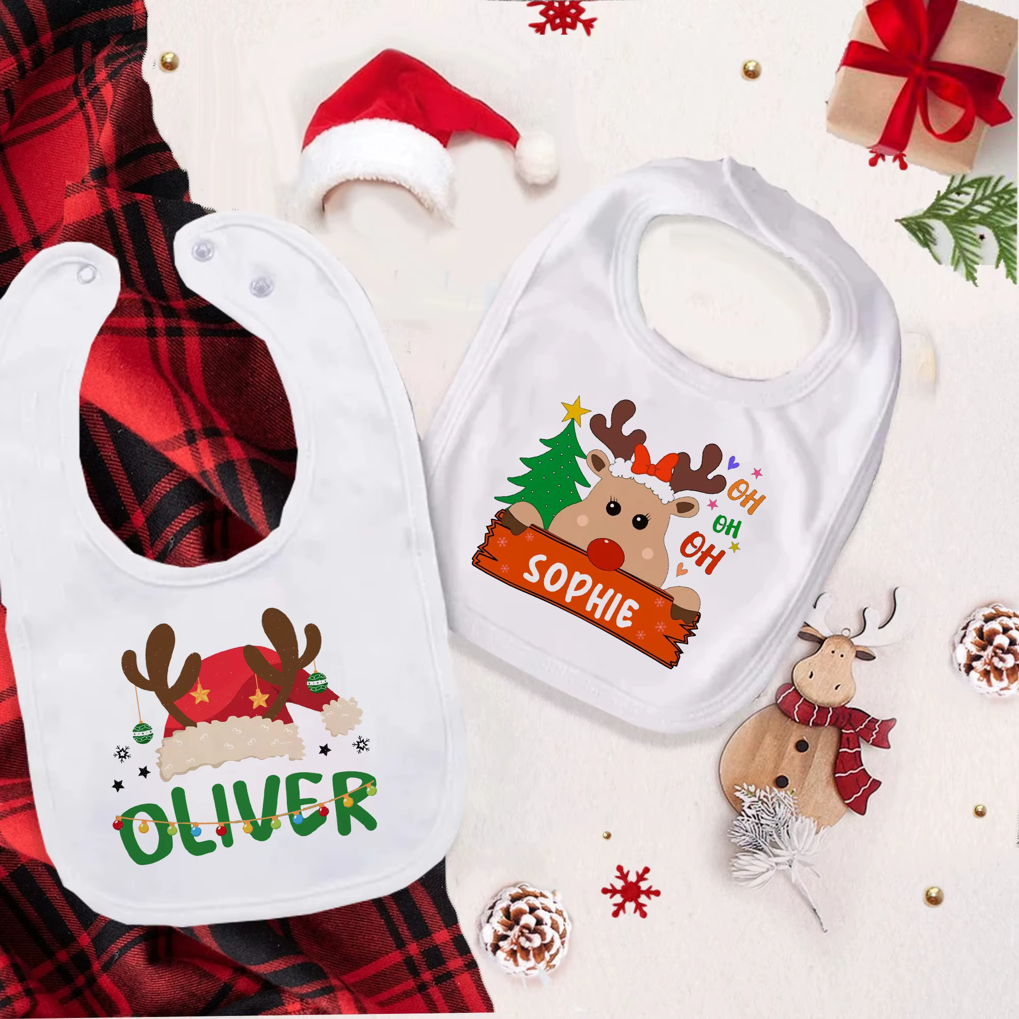 Babero neonatal personalizado con gorro de ciervo y Papá Noel - imagen 2