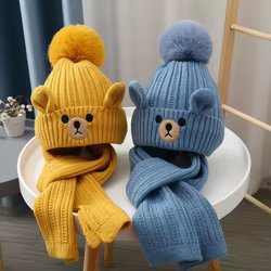 Conjunto bebé de gorro bufanda pompón terciopelo punto invierno