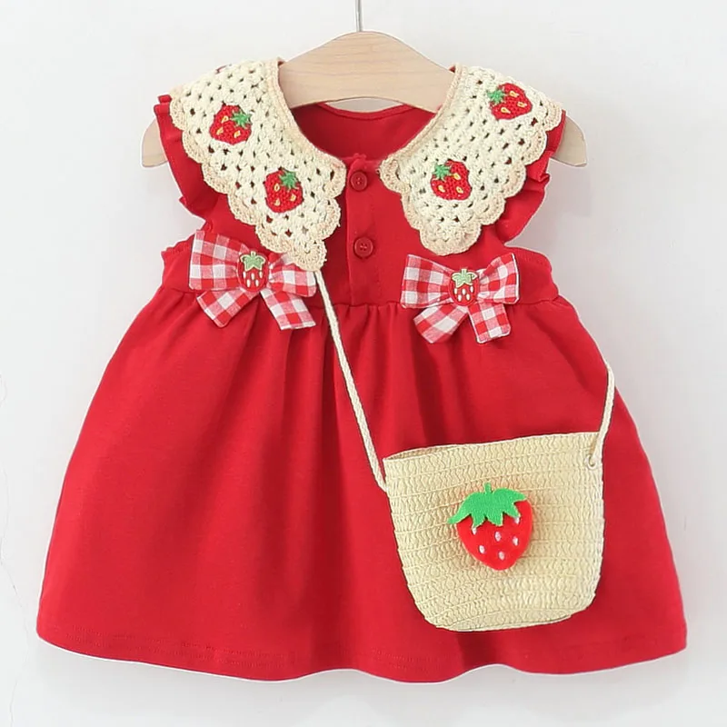 Conjunto de vestido sin mangas de niña rojo con lazo fresa de verano