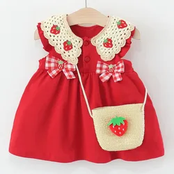 Conjunto de vestido sin mangas de niña rojo con lazo fresa de verano