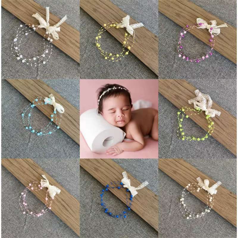 Diademas de perlas para bebé recién nacido en sesiones fotográficas - imagen 4