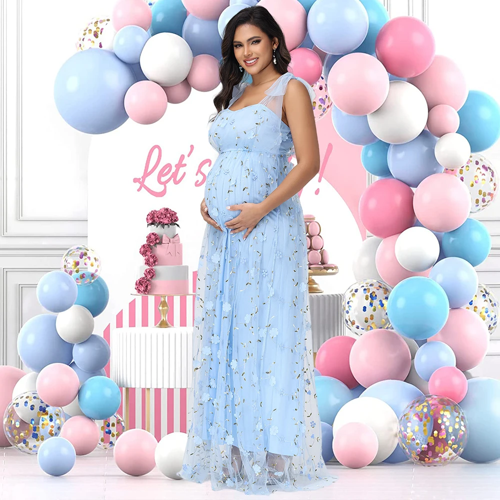 Vestido premamá largo de tul bordado floral con tirantes - imagen 4