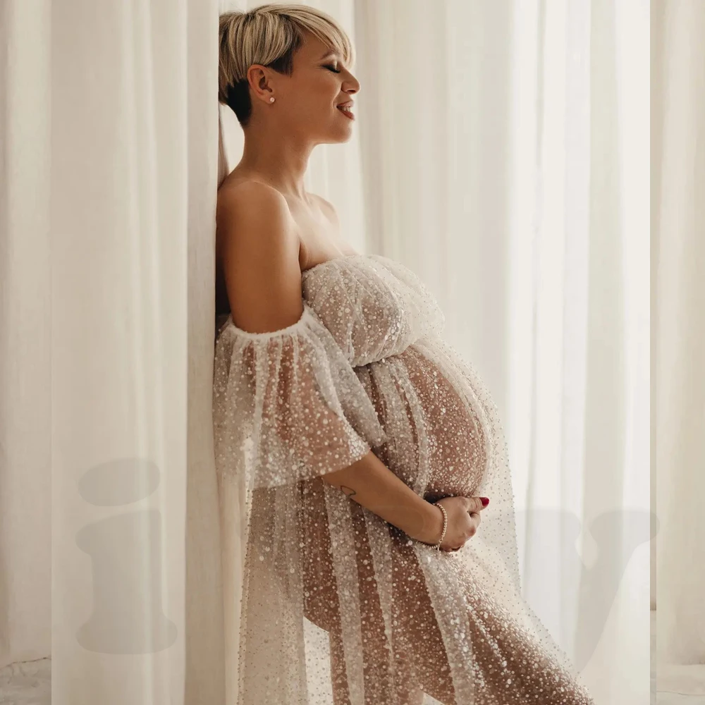 Vestido de maternidad para fotos con malla transparente y pedrería - imagen 3