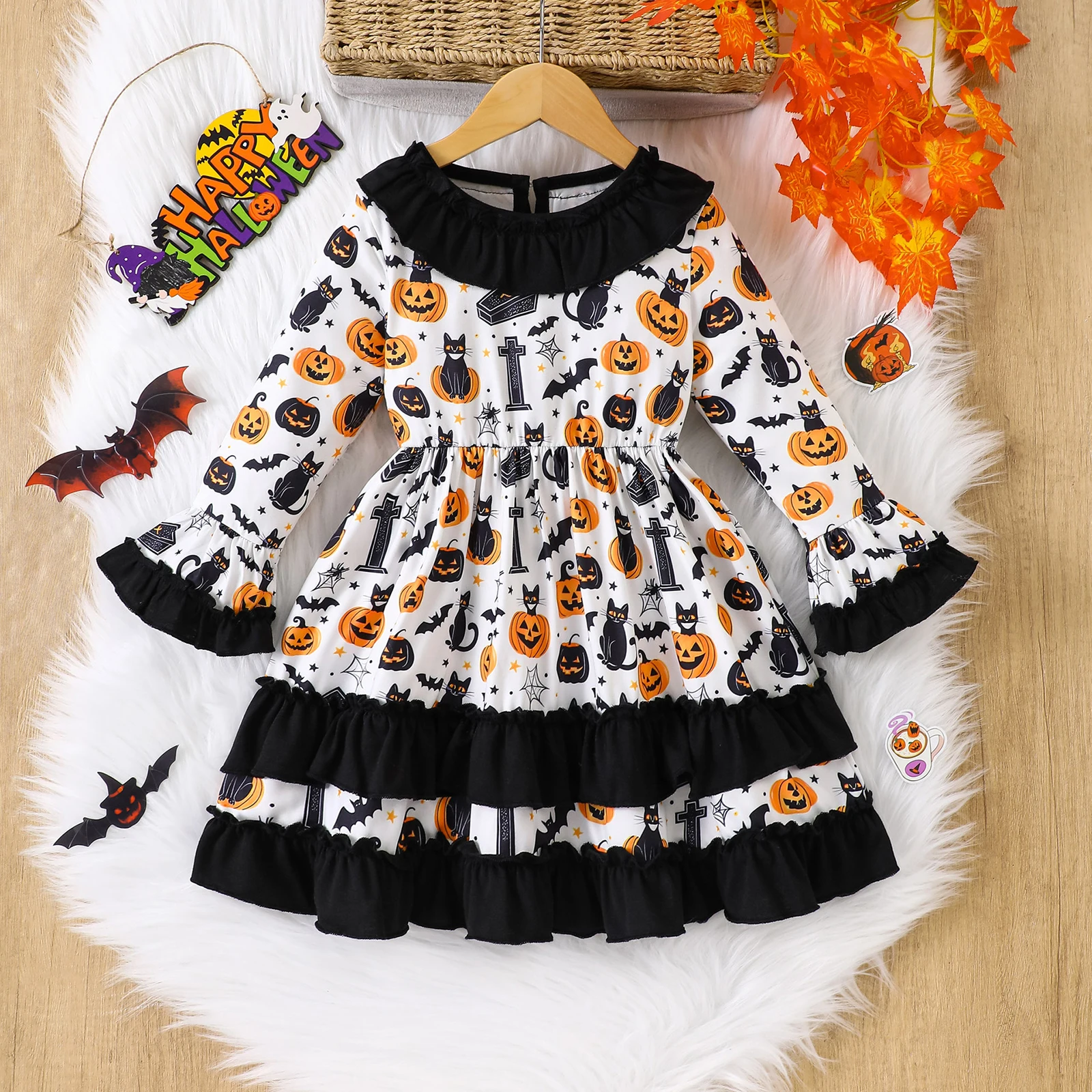 Tregren Vestido Halloween niña estampado gato calabaza volantes - imagen 5