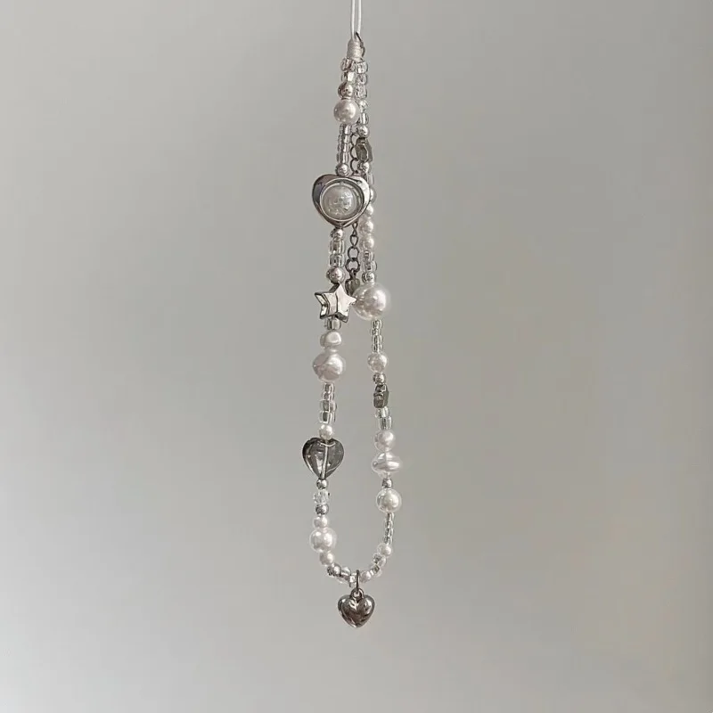 Funda para móvil con cordón antipérdida, perlas y estrellas