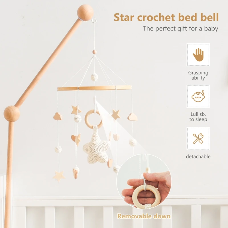 Campana móvil para cuna bebé con sonajero madera y colgante estrellas
