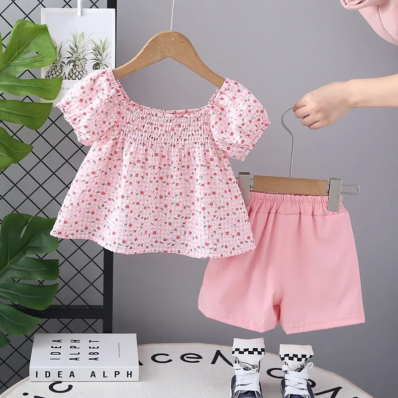 Conjunto de bebé niña de algodón con flores y cuadros: top y short - imagen 4