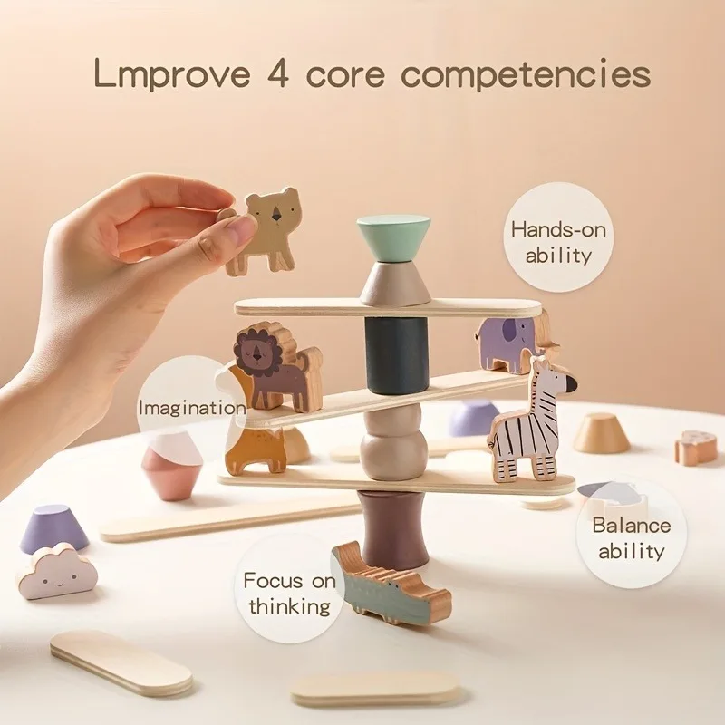 Juguete de apilar de madera con animales y equilibrio educativo - imagen 4