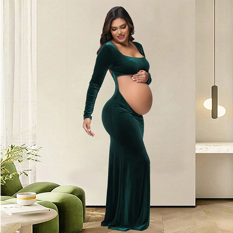 Vestido de terciopelo para fotos de maternidad con cuello cuadrado - imagen 3
