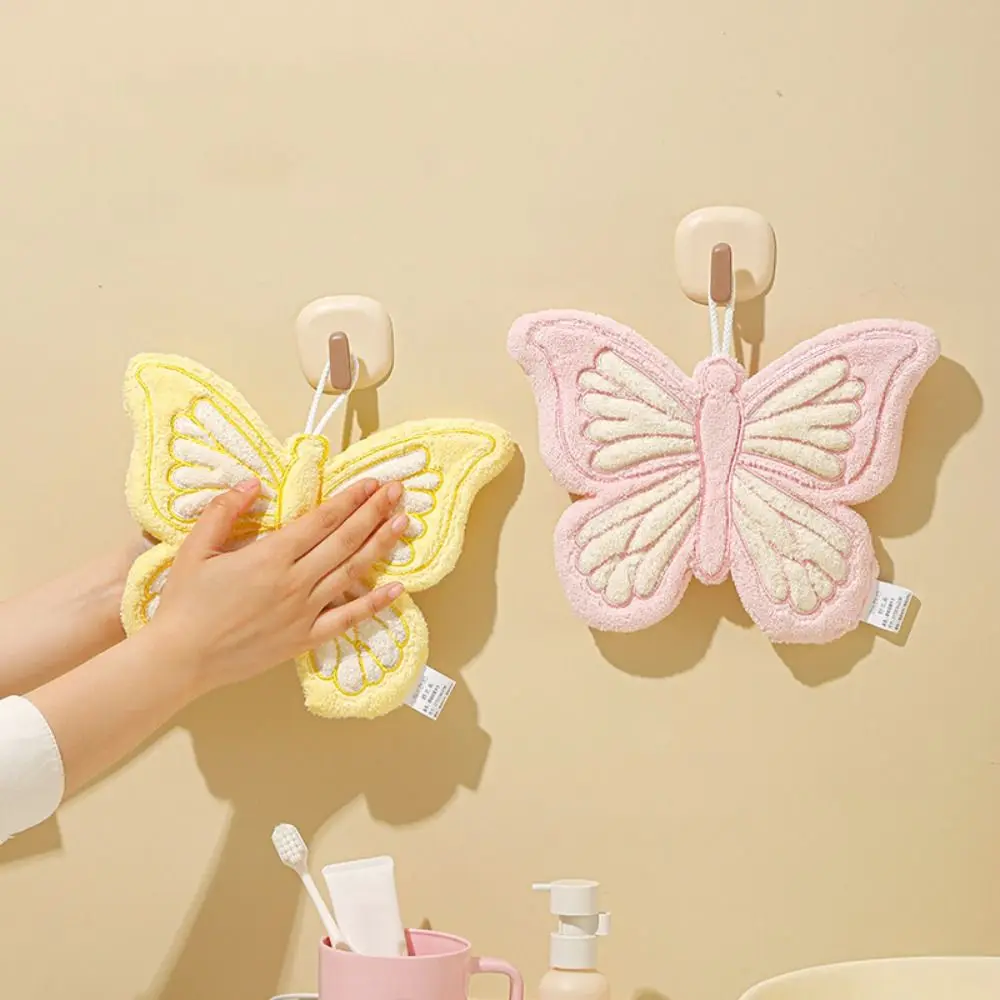 Toalla de mano de terciopelo coral colgante con mariposas - imagen 4