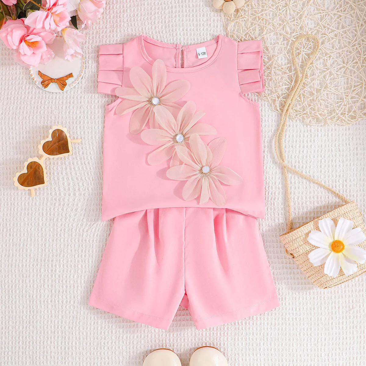 Conjunto de verano para niñas: top rosa sin mangas y pantalones cortos