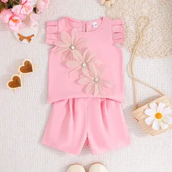 Conjunto de verano para niñas: top rosa sin mangas y pantalones cortos