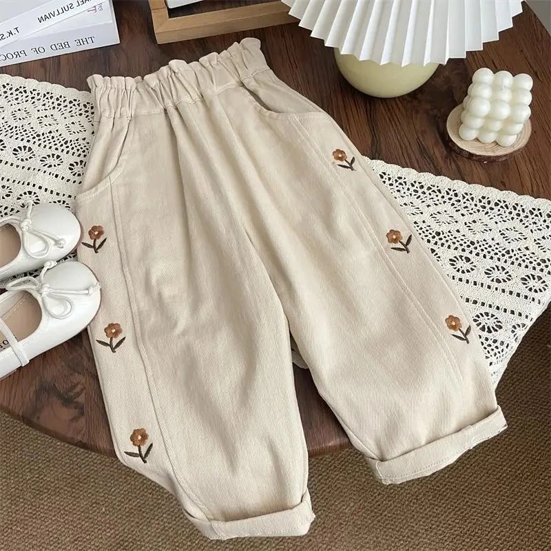Pantalones para niños otoñales de algodón con bordado floral - imagen 5