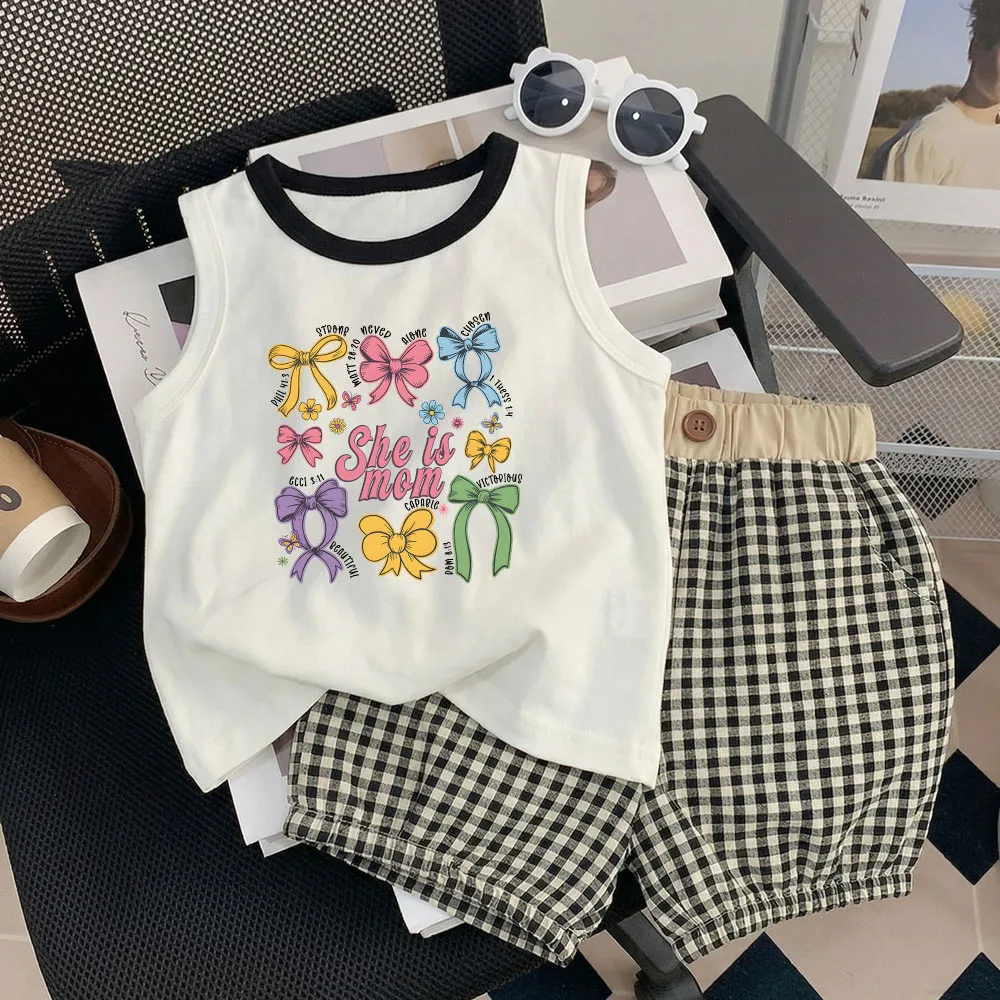 Conjunto de verano sin mangas para niña floral y cuadros - imagen 5