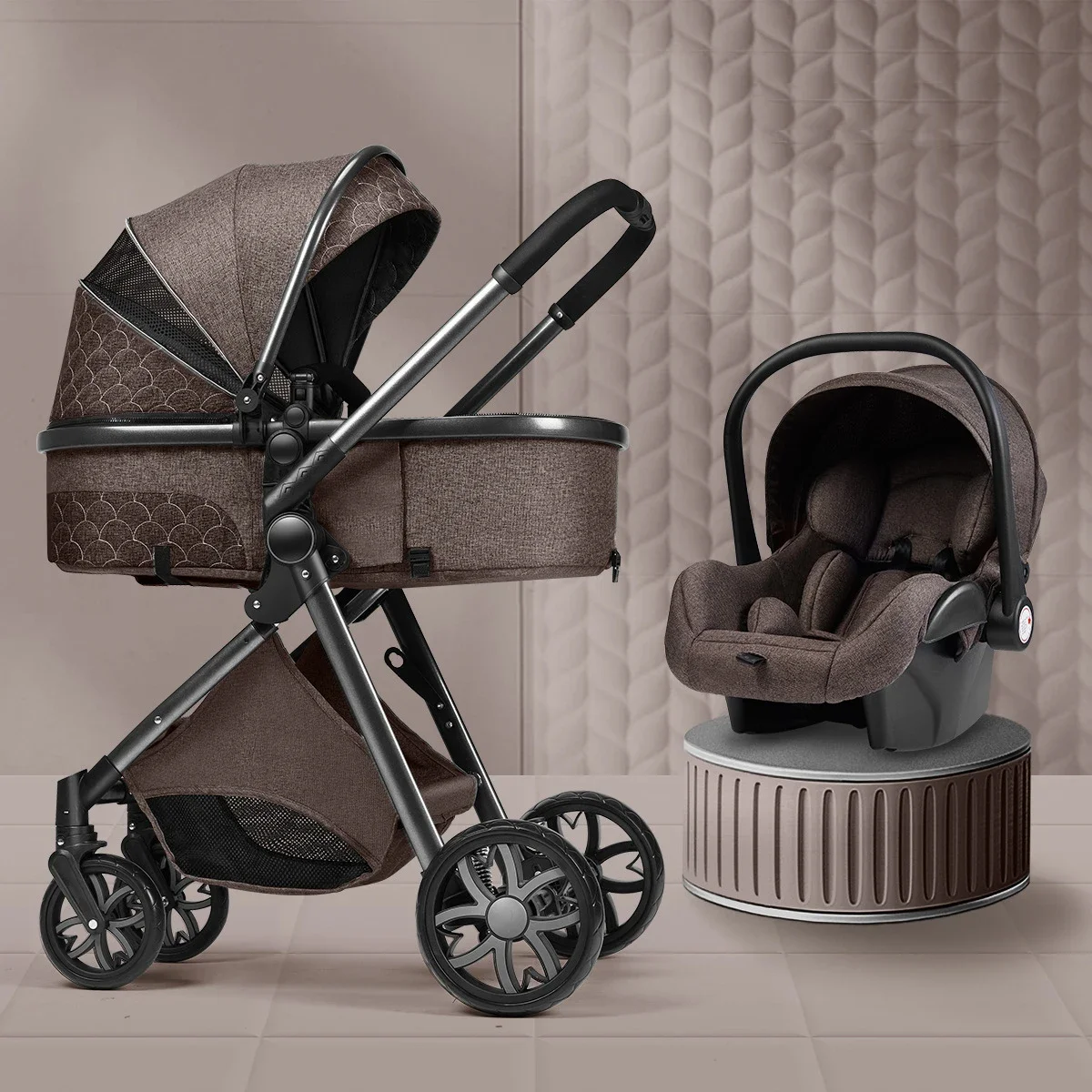 Cochecito de bebé 3 en 1 lujo, asiento reclinable y capazo