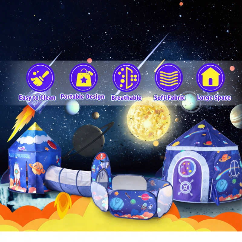 Set de juegos espacial infantil con piscina de bolas y túnel de gateo - imagen 4