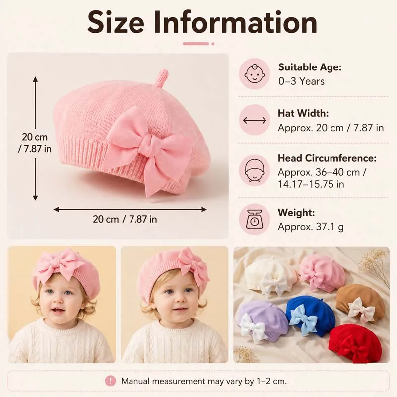 Gorro de bebé niña de punto cálido con lazo para invierno y suave - imagen 4