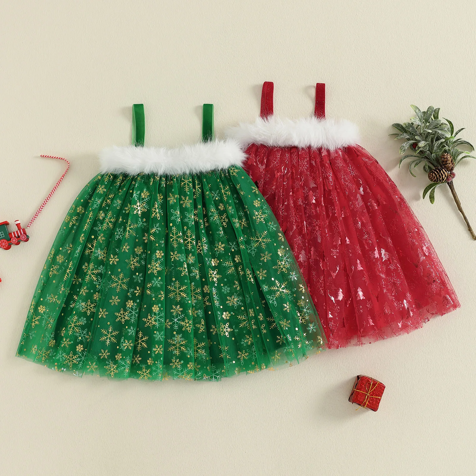 Tregren vestido de Navidad sin mangas de tul patchwork estampado árbol - imagen 4