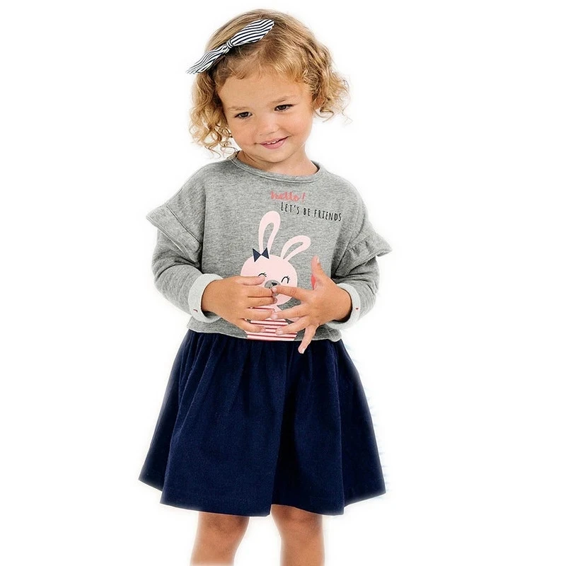 Vestido de algodón elástico para niñas – Manga larga con conejo azul