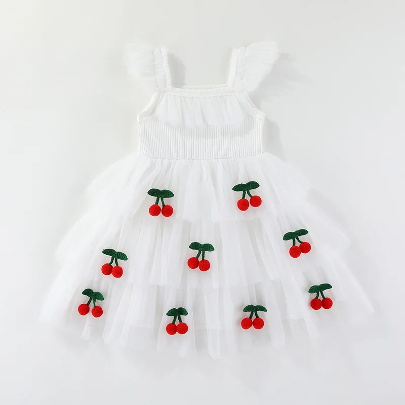 Vestido de verano para niña con tirantes y cerezas, malla ligera