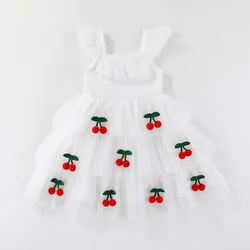 Vestido de verano para niña con tirantes y cerezas, malla ligera