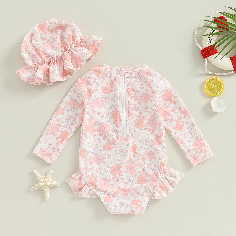 Bañador niña estampado floral, gorro de baño con volantes