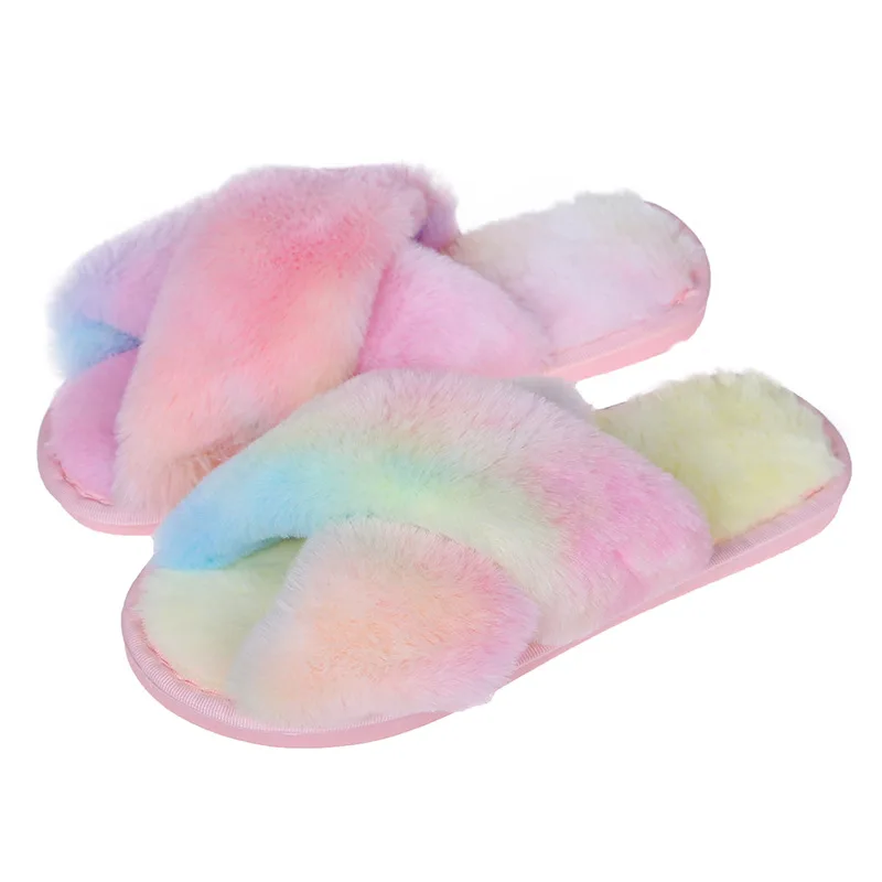 Pantuflas cruzadas de felpa arcoíris, estilo casual para interior
