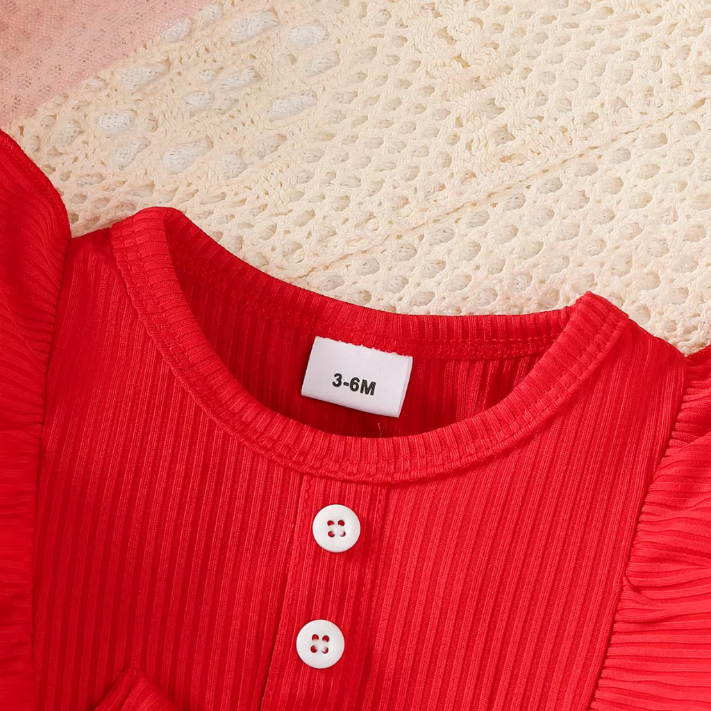 Vestido navideño rojo con encaje blanco y manga larga para niña