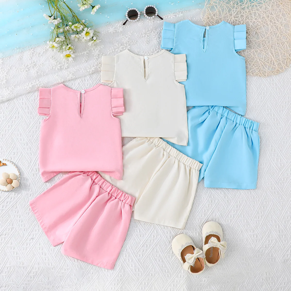 Conjunto de verano para niñas: top rosa sin mangas y pantalones cortos - imagen 3