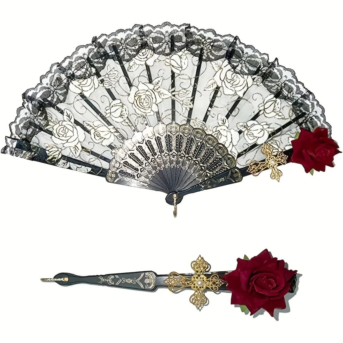 Abanico plegable vintage negro con encaje floral rosa para fiestas