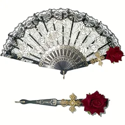 Abanico plegable vintage negro con encaje floral rosa para fiestas