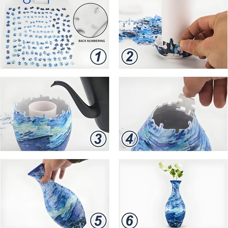 Puzzle 3D de jarrón estilo porcelana azul y blanca manualidades - imagen 3